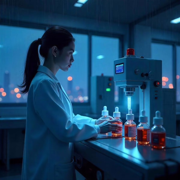 ilustrasi proses produksi liquid vape oleh tim R&D, wujud maklon profesional untuk brand milik sendiri.